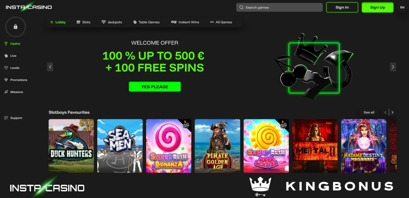 Homepage of Instacasino
